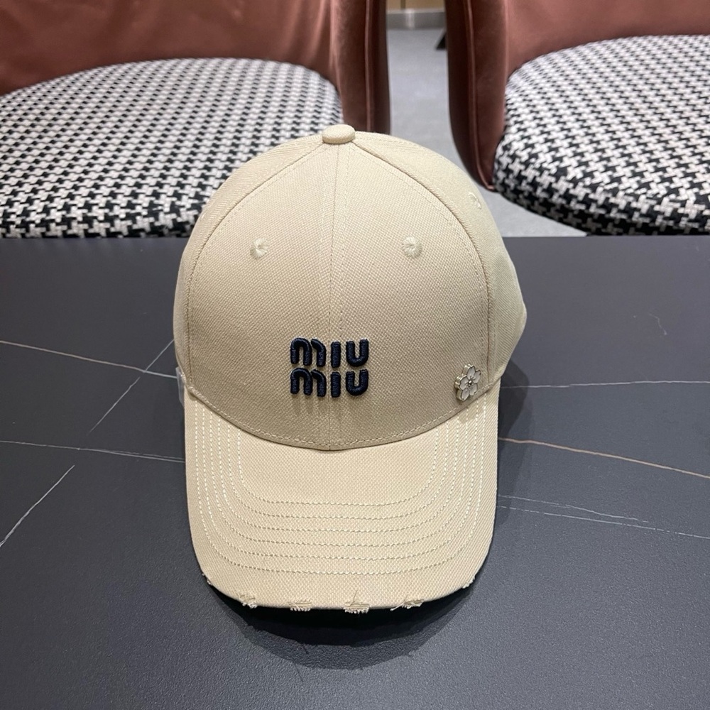 Miu Miu Beige Baseball Cap with Navy Logo and Crystal Accent